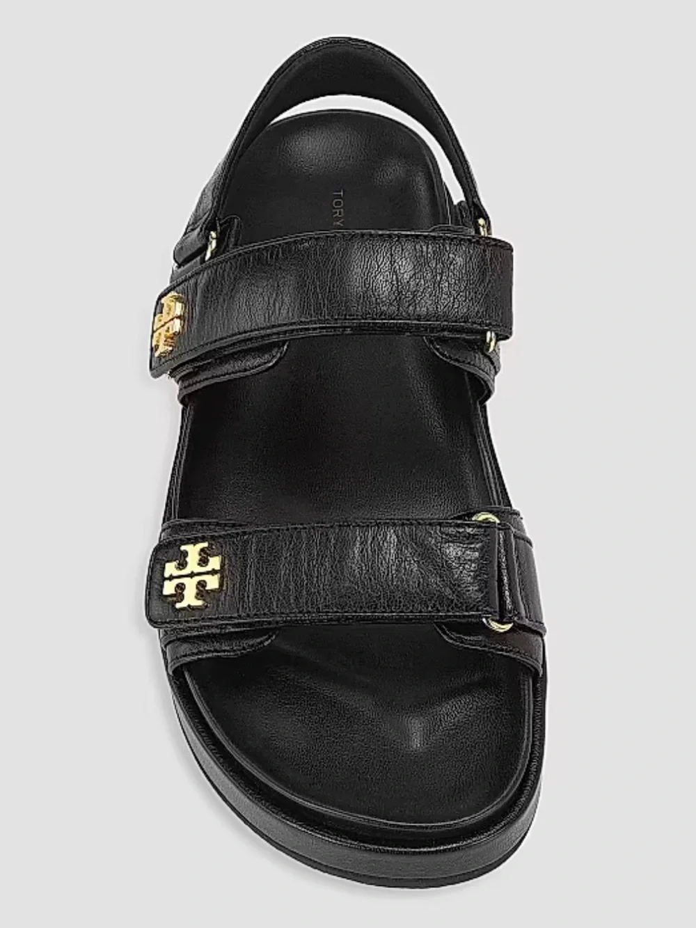 Tory Burch Kira women’s Black Leather Double-Strap Sandals with Gold Logo